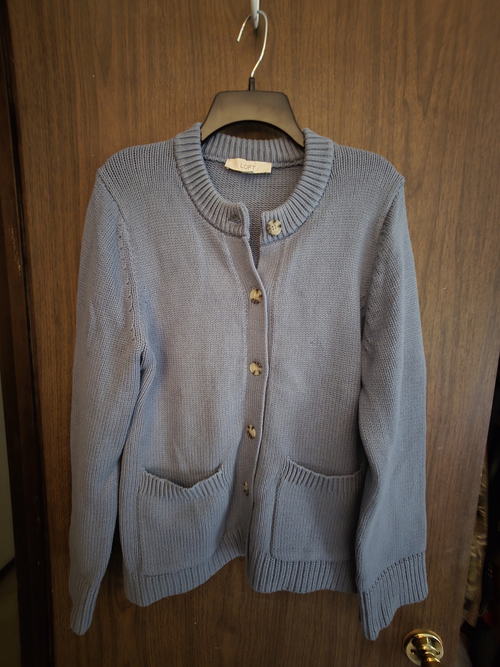 LOFT Dusty Blue Crewneck Button-Front Cardigan